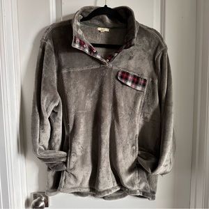 Grey with Plaid Detail Super Soft Collared Pullover Medium